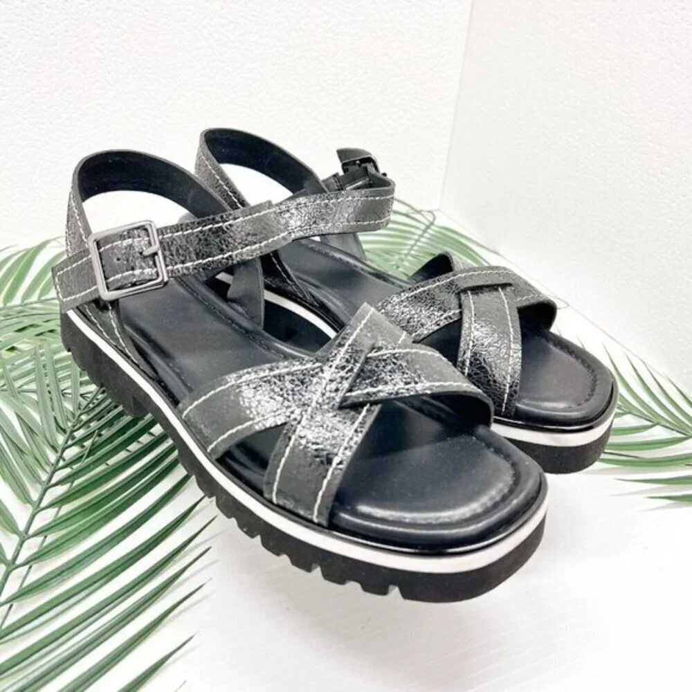 Donald Pliner Black Pyper Pebbled Metallic Leather Strappy Sandals Size 9.5 NWB